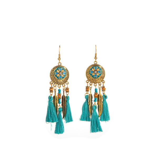 oly-e4790601819196ca5add6b0bd3082203 Wholesale Bohemian Color Feather Clip Fabric Tassel Rice Bead Earrings Retro Ethnic High-end Hollow Earrings