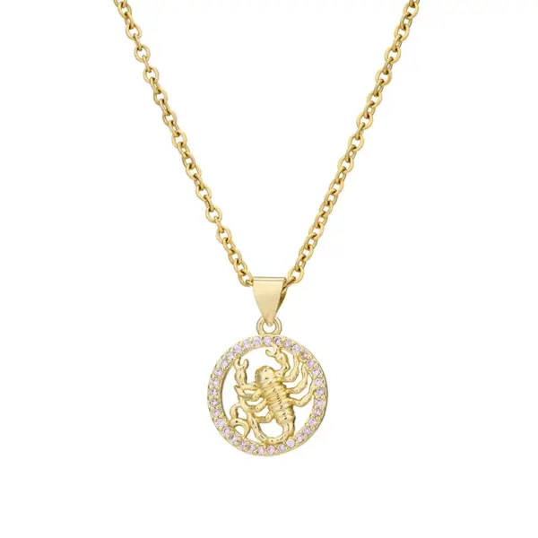 Fashion Twelve Constellation Copper Inlaid Zircon Gold Plated Stainless Steel Pendant Necklace