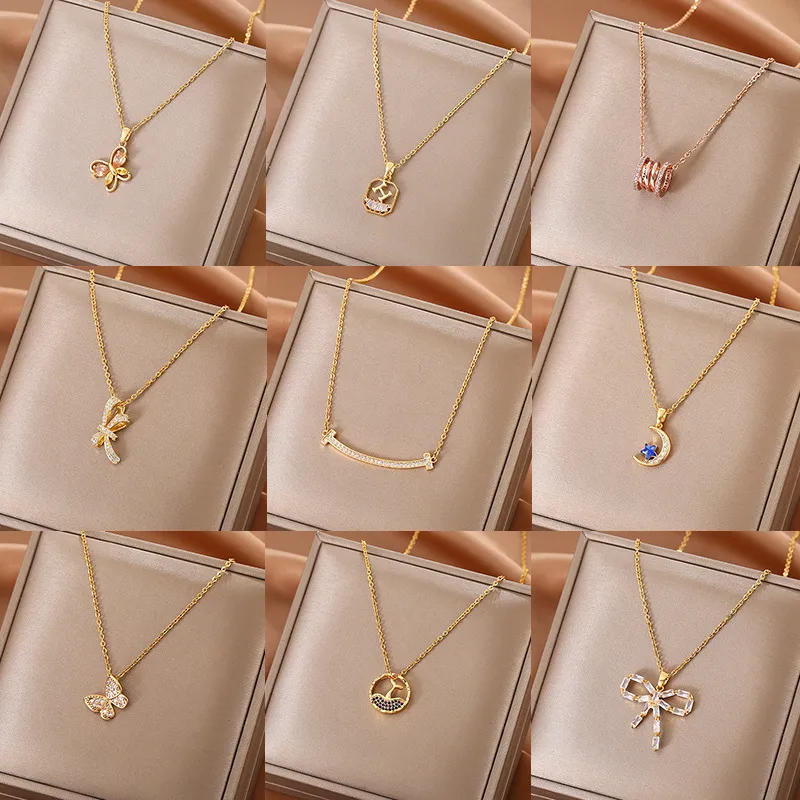 Wholesale Fashion Round Titanium Steel Inlay Zircon Pendant Necklace