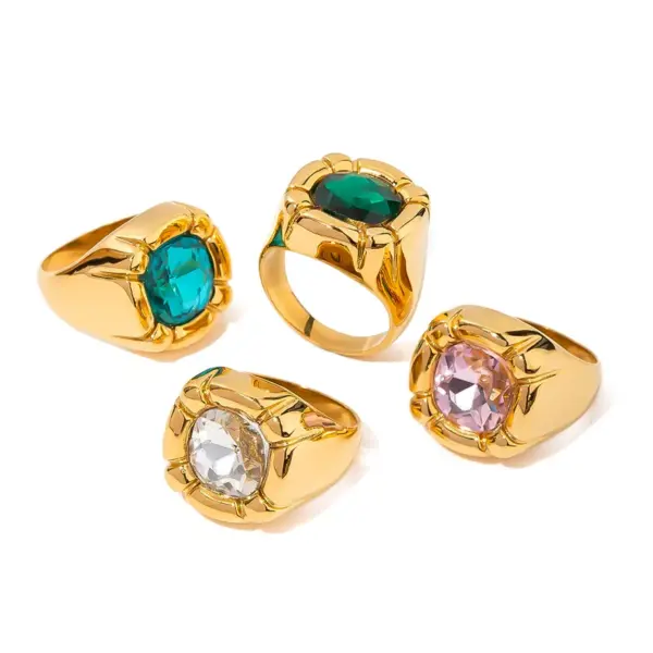 Wholesale 304 Stainless Steel Geometric PVD Coated Glass 18K Real Gold Plated Real Gold Plated Formal Classic Style Artistic Waterproof Non Tarnish Inlay Rings