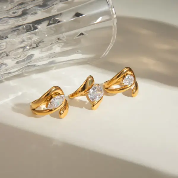 Wholesale 304 Stainless Steel Geometric Square PVD Coated Zircon 18K Real Gold Plated Real Gold Plated IG Style Waterproof Non Tarnish Inlay Gold Open Rings Rings