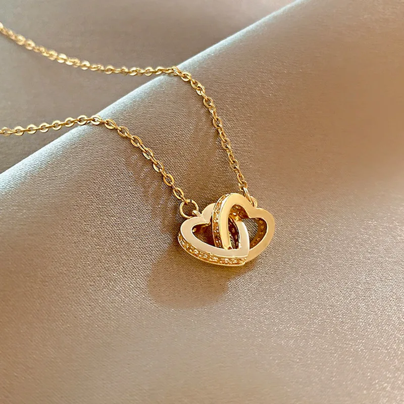 Wholesale Titanium Steel Copper Sweet Plating Inlay Heart Shape Zircon Pendant Necklace