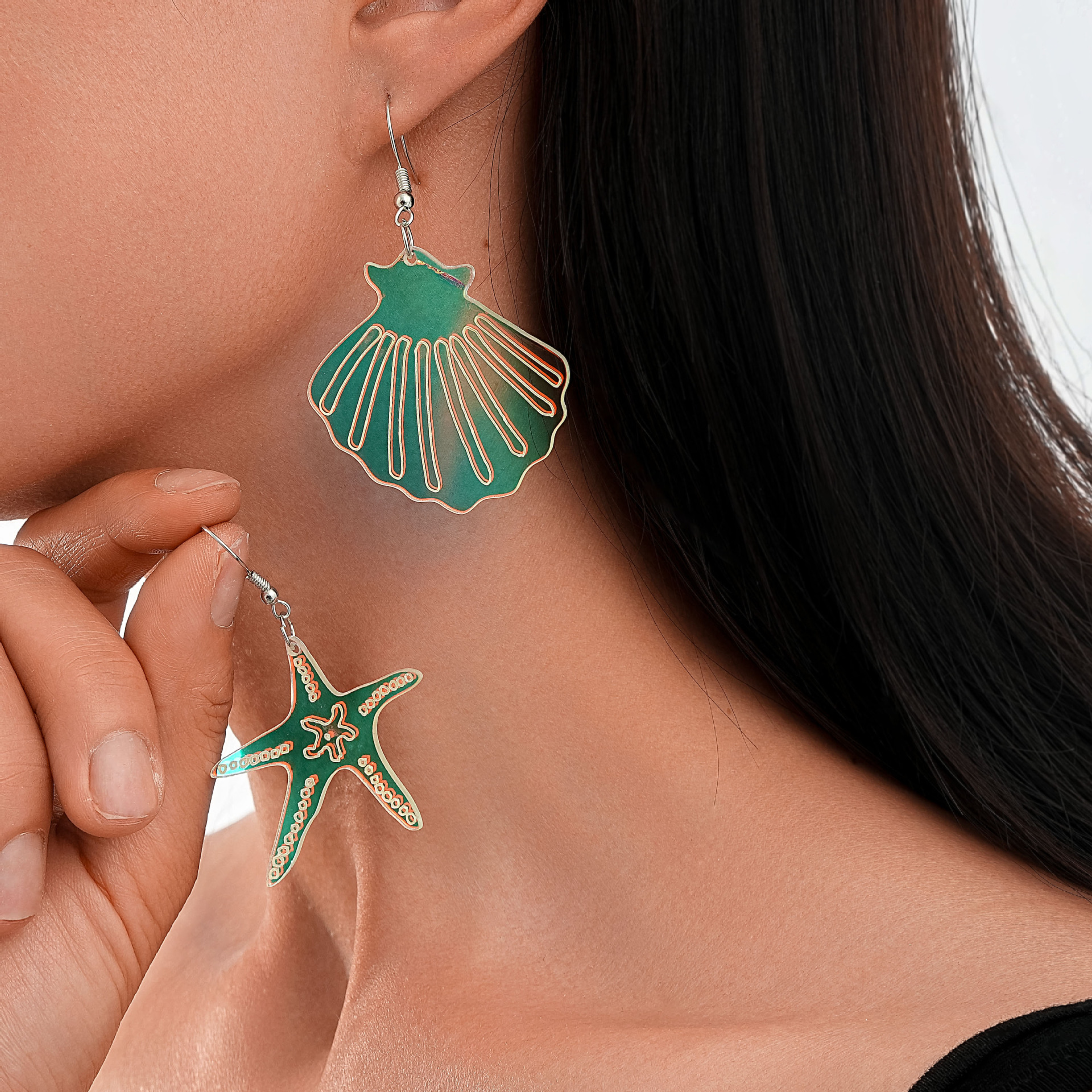 Wholesale Fully Managed New Environmentally Friendly Acrylic Earrings European and American Personalized Laser Starfish Shell Asymmetric Earrings