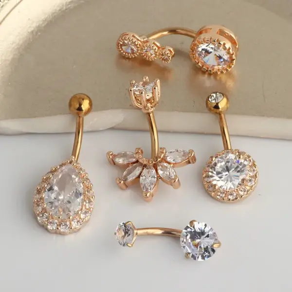 Wholesale Fashion Water Droplets Stainless Steel Inlay Zircon Belly Ring 5 Pieces