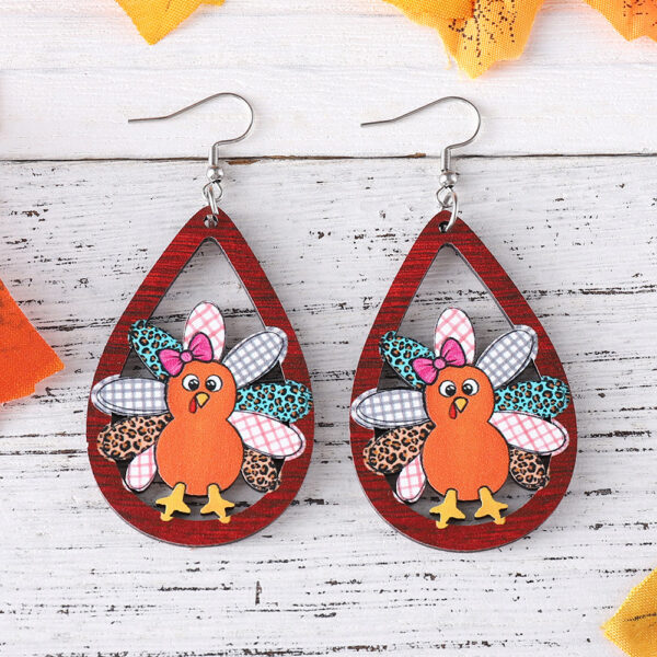 Wholesale Cross-Border New Autumn Harvest Thanksgiving Cute Turkey Water Drop Hollow Pendant Earrings Wooden Double-Sided Earrings