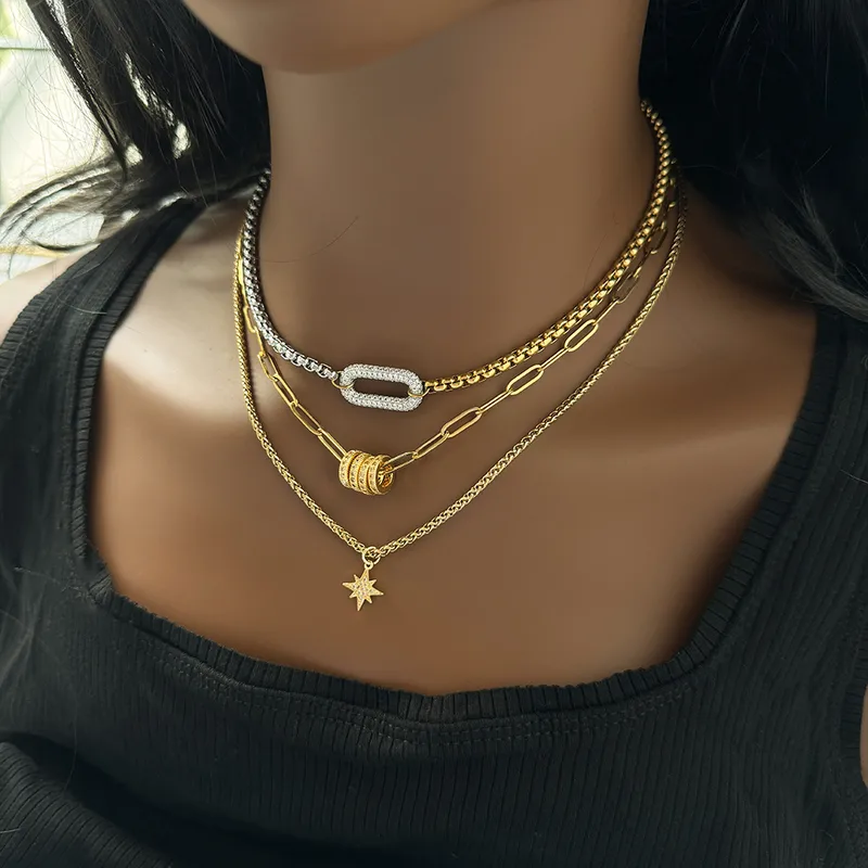 Wholesale 304 Stainless Steel Brass 18K Gold Plated Inlay Hexagram Zircon Necklace