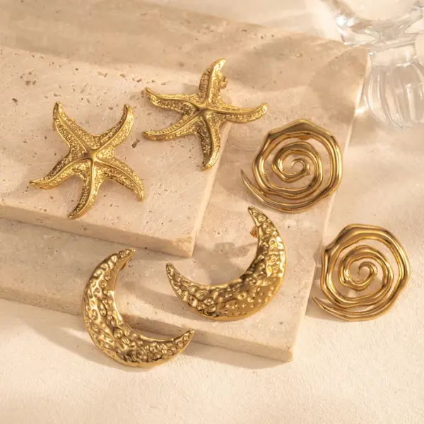 Wholesale 1 Pair IG Style French Style Moon Starfish 304 Stainless Steel Ear Studs