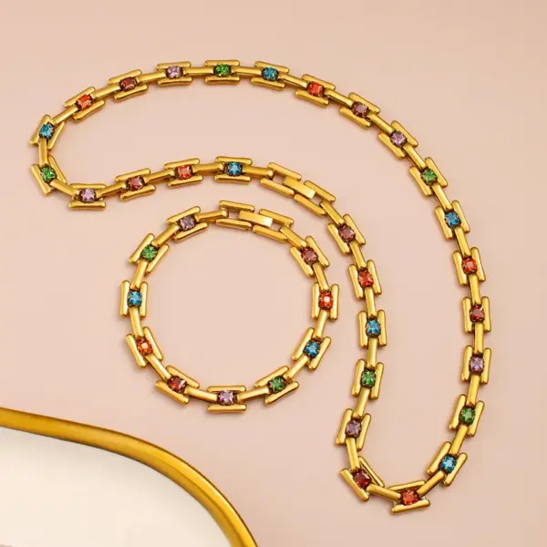 PVD Coated 18K Gold Real Gold Plated Square 304 Stainless Steel Casual Waterproof Non Tarnish Bracelets Necklace Jewelry Set