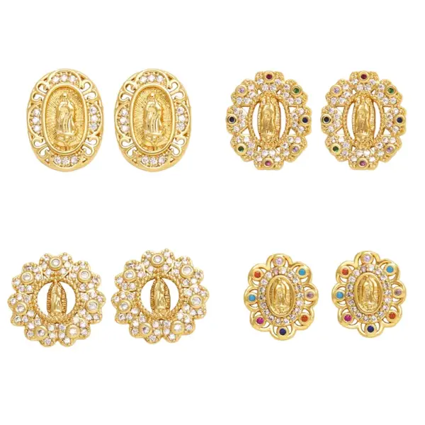 Wholesale 1 Pair Ethnic Style Virgin Mary Oval Plating Inlay Copper Zircon 18k Gold Plated Ear Studs
