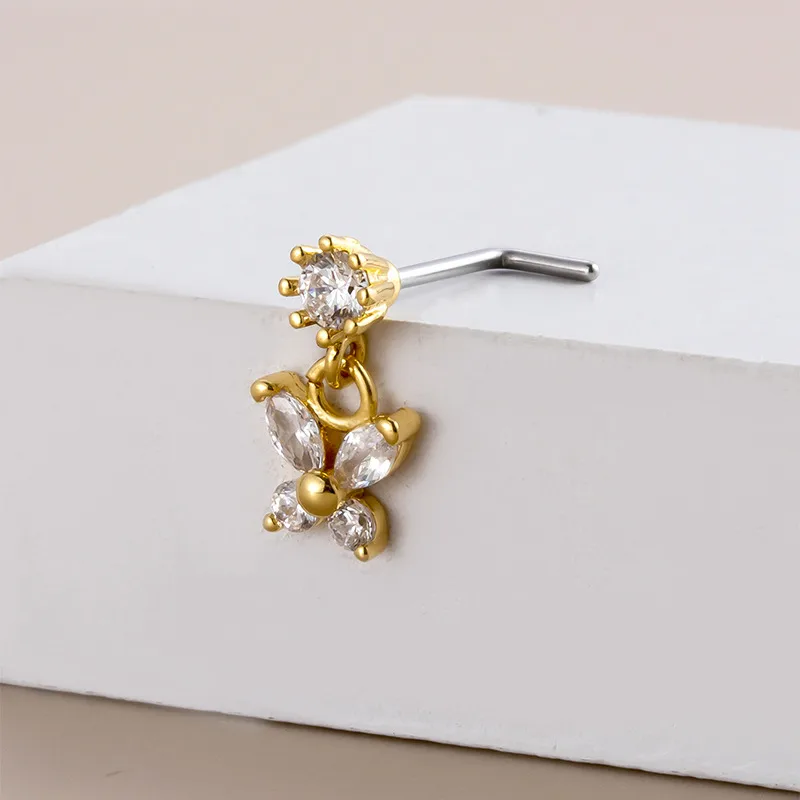 Wholesale 1 Piece 316L Stainless Steel Copper Zircon Nose Rings & Studs Butterfly Waterproof Non Tarnish Surgical Steel Ear Cartilage Rings &