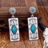 Wholesale Retro Western style earrings, rectangular patterned earrings inlaid with turquoise and pink stones