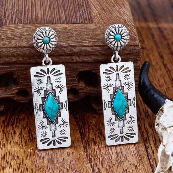 Wholesale Retro Western style earrings, rectangular patterned earrings inlaid with turquoise and pink stones