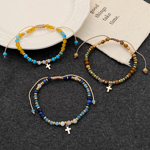 oly-e5097cdcca15d44bbaa352111c3c7476 Wholesale Cross-border colored gemstone beaded cross bracelet for women, bohemian style, woven drawstring bracelet, jewelry wholesale.