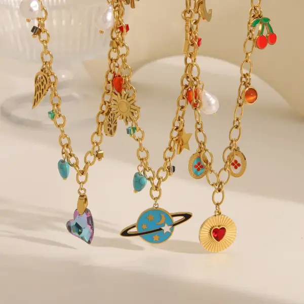 Wholesale Jewelry Exaggerated IG Style Planet Moon Heart Shape 304 Stainless Steel 18K Gold Plated Pendant Necklace Cable Chain