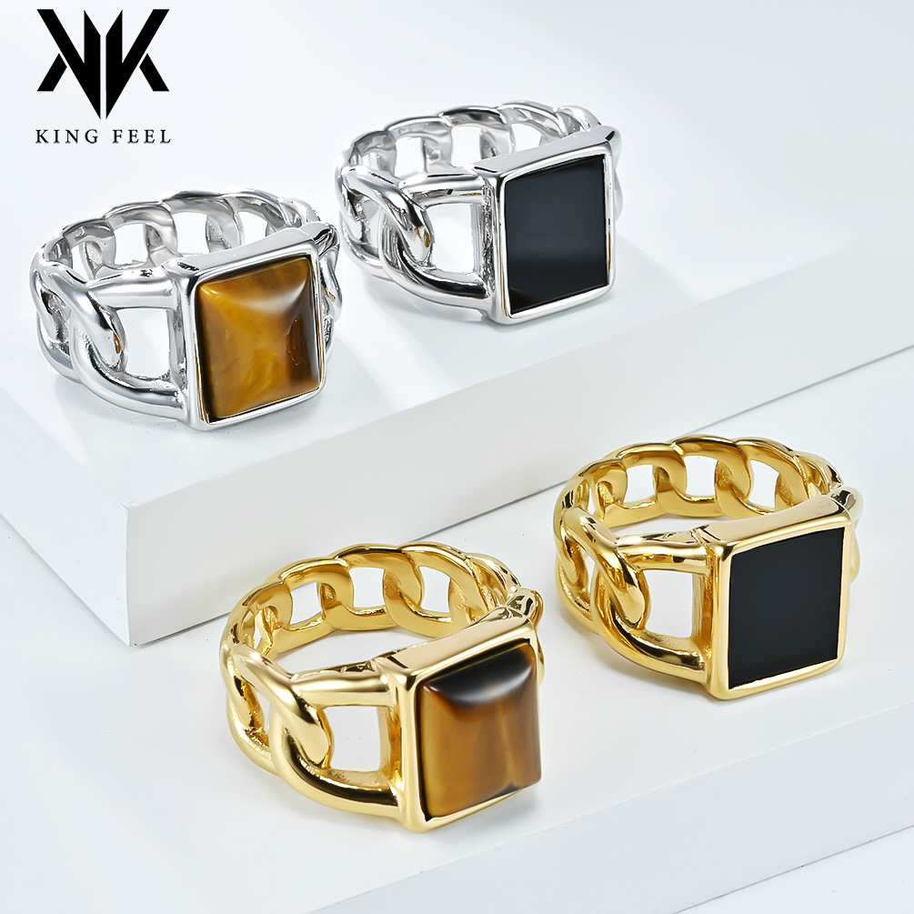 Wholesale European and American Hot Hip Hop Cuban Chain Tiger Eye Gem Titanium Steel Ring Men's Niche Personality Trendy Fashion Jewelry