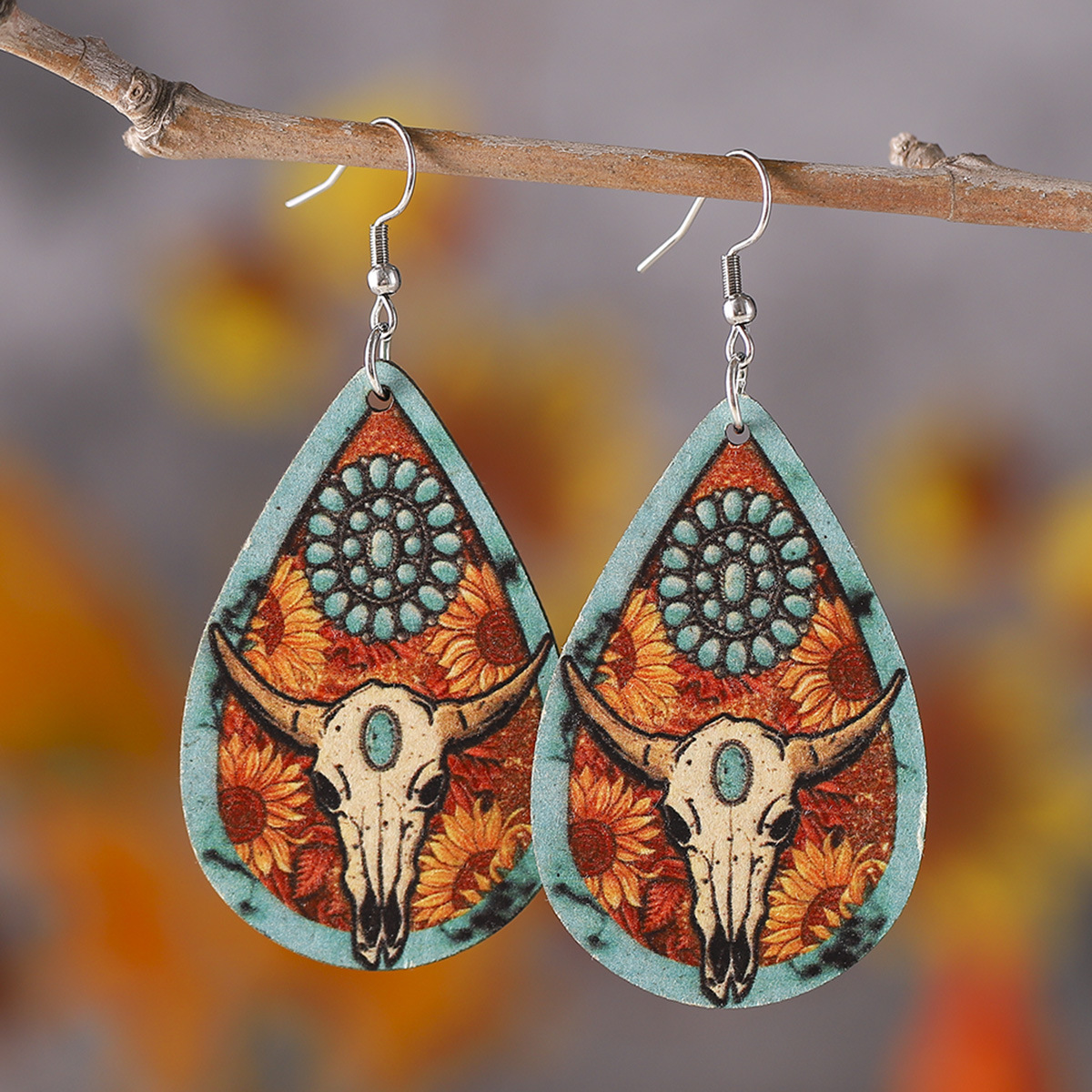 Wholesale Western-style turquoise suower bull head earrings
