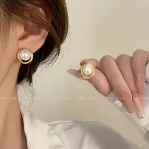 56-Golden Edge Pearl Stud Earrings-.