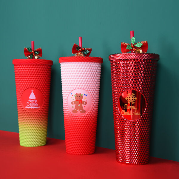 Wholesale 710ml Double Layer Plastic Suction Cup Durian Cup Tie Hand Cup Christmas Gradient Suction Cup