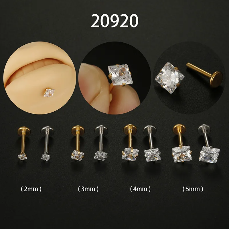 Wholesale Fashion Square Stainless Steel Plating Zircon Lip Stud 1 Piece
