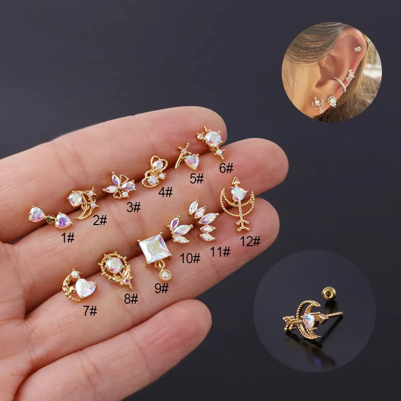 Wholesale Copper Artificial Gemstones Ear Cartilage Rings & Studs Geometric Waterproof Non Tarnish Surgical Steel