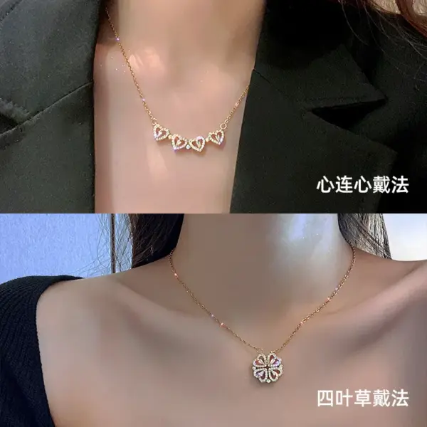 Wholesale Fashion Four Leaf Clover Heart Shape Stainless Steel Flowers Inlay Zircon Necklace