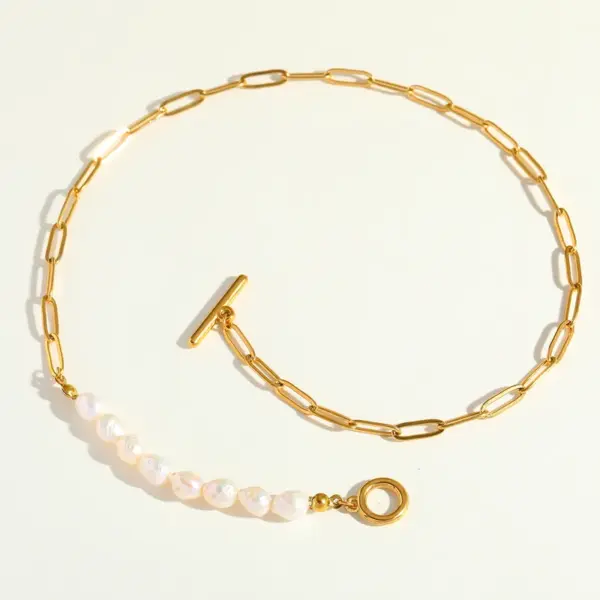 Wholesale Artistic Stainless Steel 18K Gold Plated Natural Pearl Beaded Necklace Bracelet Set Elegant Luxury Women's Jewelry Accessories