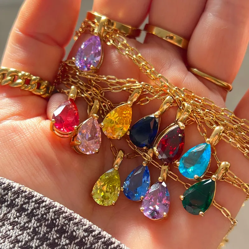 Wholesale 201 Stainless Steel 304 Stainless Steel Glass Gold Plated Fashion Plating Water Droplets Zircon Necklace