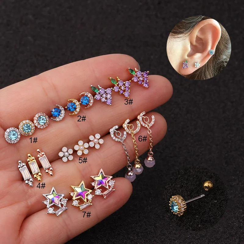 Wholesale 316L Stainless Steel Copper Zircon Ear Cartilage Rings & Studs Geometric Waterproof Non Tarnish Surgical Steel