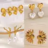Stainless Steel Bowknot Heart Sunflower 18K Gold Plated Women's Earrings Elegant Imitation Pearl Zircon Accessories Wholesale Available