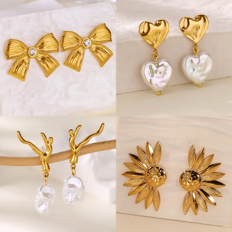 Wholesale Stainless Steel Bowknot Heart Suower 18K Gold Plated Women's Earrings Elegant Imitation Pearl Zircon Aessories Wholesale Available