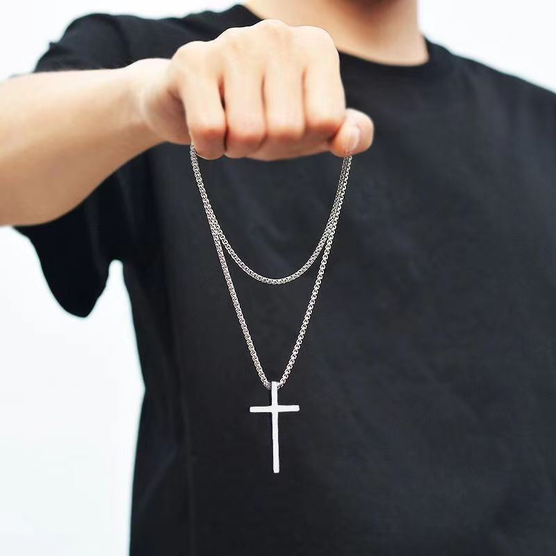 Wholesale Cross-border European and American New Titanium Steel Cross Necklace Men's Trendy All-match Stainless Steel Cross Pendant Woolen Chain Aesso