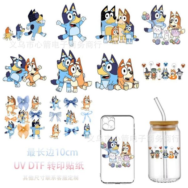 Wholesale Cartoon Bluey UV DTF Transfer Crystal Transparent Sticker 10cm Waterproof Scratch-Resistant Decorative Water Cup Wholesale Cross-Border