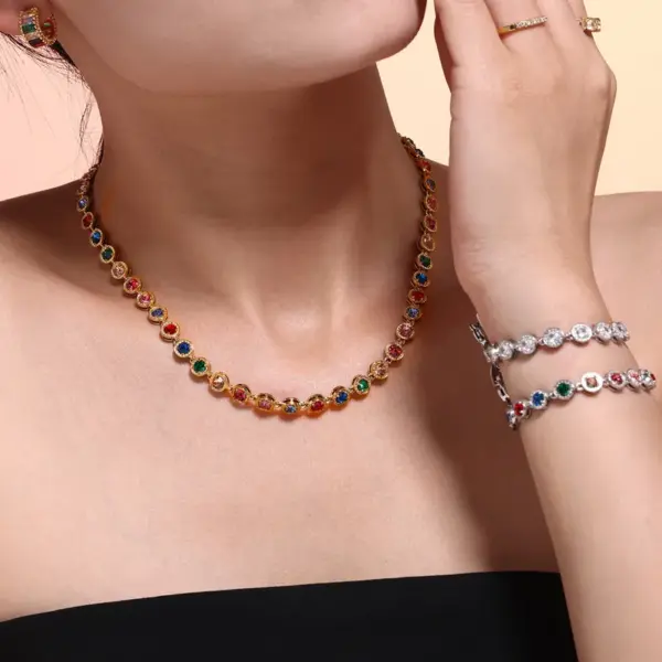 Wholesale 304 Stainless Steel Geometric PVD Coated Zircon Real Gold Plated Glam Luxurious Vacation Waterproof Non Tarnish Plating Inlay Jewelry Set