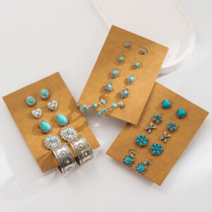 Wholesale European and American Simple Retro Turquoise Earrings Set Western Ethnic Style Flower Heart Geometric Earrings 5 Pairs