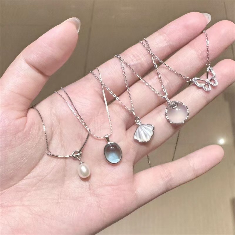 Wholesale White Moonlight Five-Piece Set Aquamaro Design Necklace Pendant Moonlight Stone Light Luxury Simple High-Ll All-Match Neck Chain Clavicle