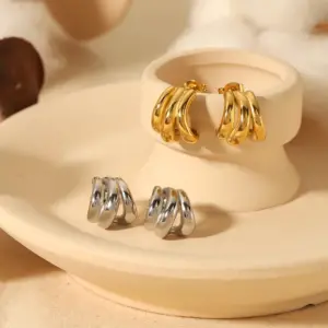 Wholesale 304 Stainless Steel Geometric Lines PVD Coated 18K Gold Plated Real Gold Plated 18K Gold Retro Streetwear Waterproof Non Tarnish Polishing Plating Ear Studs