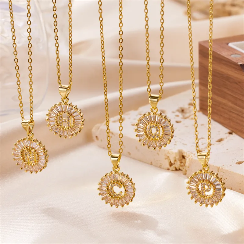 Wholesale Stainless Steel Copper Letter Artificial Diamond 18K Gold Plated Simple Style Cable Chain Lobster Trier Clasp Closure Pendant Necklace