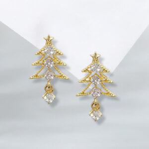 Silver needle: white diamond + hollow christmas tree stud earrings