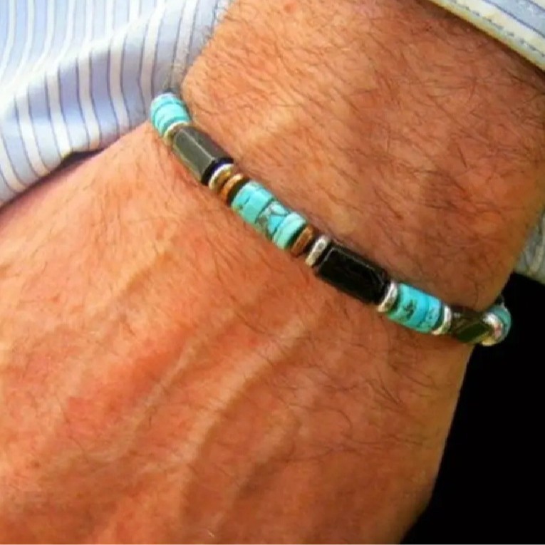 Wholesale Fashion Commuter Cross-border European and American Retro Style Bracelet Jewelry Trendy Men's Handmade Beaded Black Gallstone Turquoise Brac