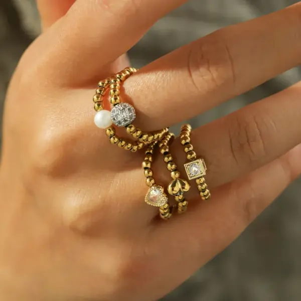 Wholesale 18K Gold Plated 304 Stainless Steel Vacuum Electroplating (In Furnace) Zircon Round Square Heart Mixed Color (Jewelry Metal Contrast) Electroplated Ring For Women Valentine's Day