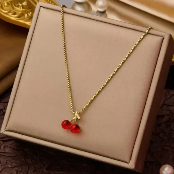 Wholesale 304 Stainless Steel Plastic Cherry Ion Plating (IP) 18K Gold Plated Sweet Simple Style Waterproof Non Tarnish Plating Regular Chain Pendant Necklace