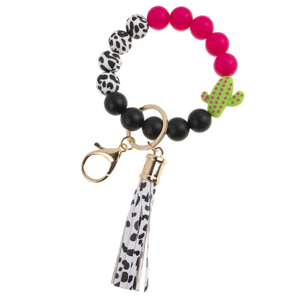 Wholesale New cross-border hot selling silicone beaded bracelet keychain pendant PU leather tassel cactus cross accessories