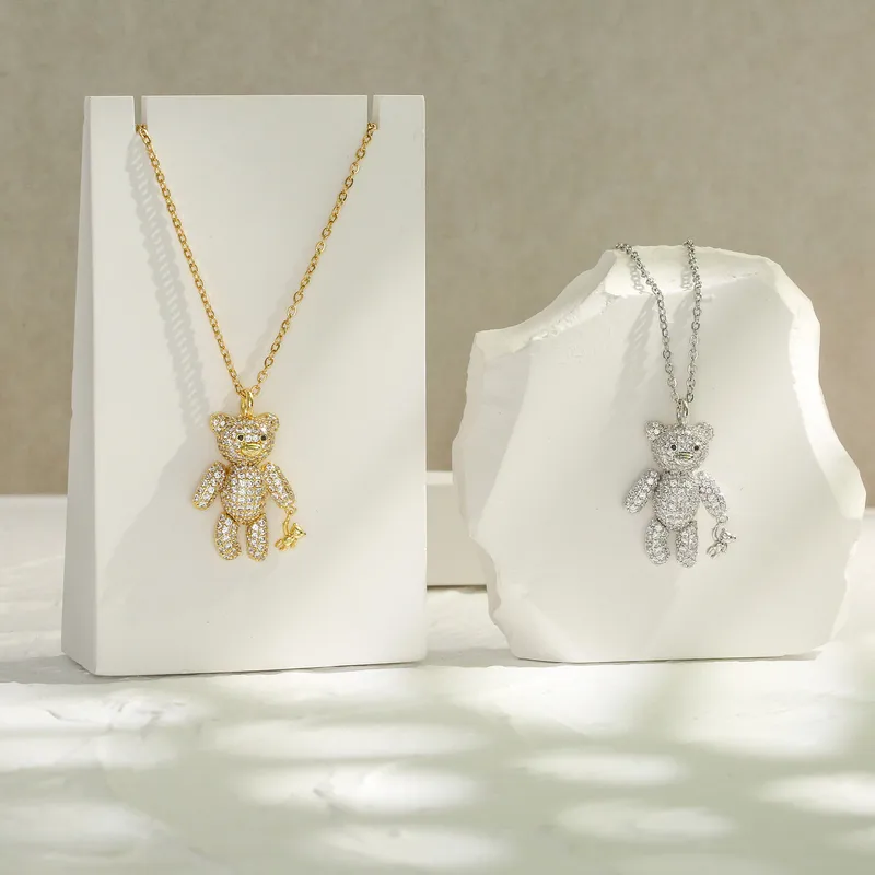 Wholesale Full Diamond Bear Copper Necklace Micro Inlaid Zircon Cute Bear With Little Bear Pendant Necklace