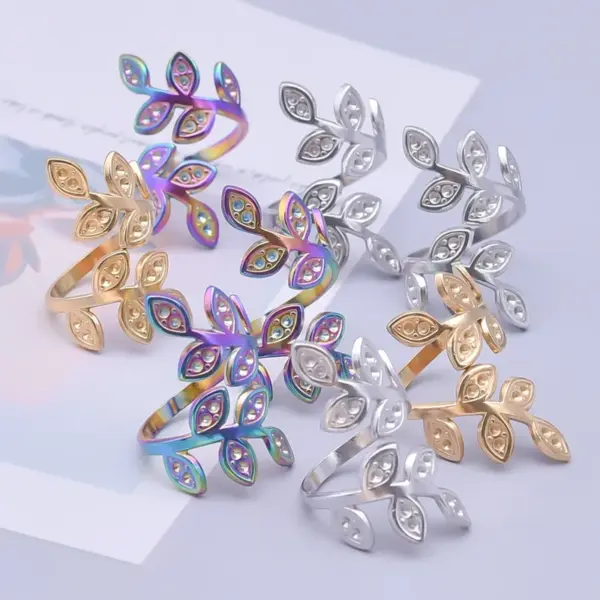 Wholesale PVD Coated Real Gold Plated 18K Gold Leaves 304 Stainless Steel Simple Style Waterproof Non Tarnish Open Rings