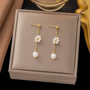 【g389】1 pearl flower earrings / gold