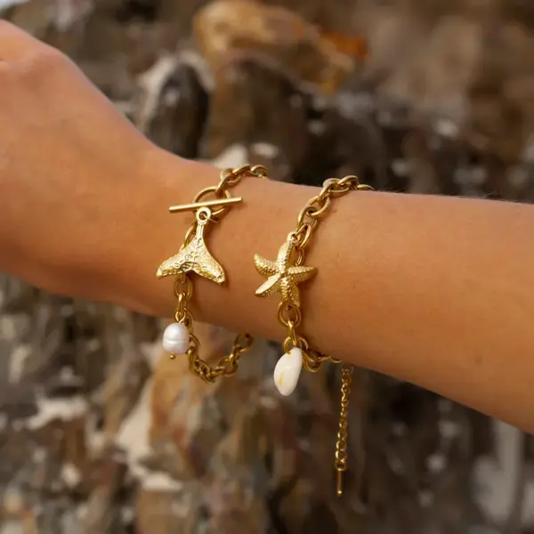 PVD Coated Real Gold Plated 18K Starfish Shell 304 Stainless Steel Basic Vacation Classic Style Waterproof Non Tarnish Bracelets