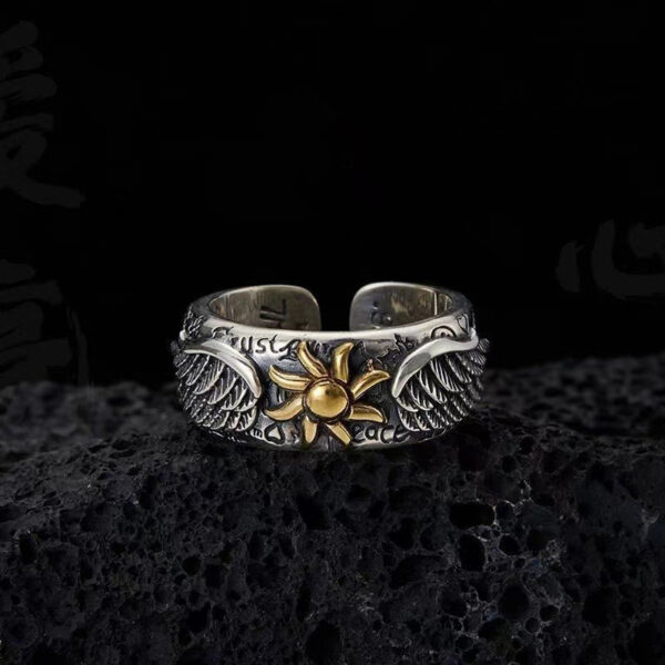 Wholesale TikTok Retro Sunflower Ring Men's Trendy Personalized Open Men's Angel Wings Single Ring Ring Jewelry