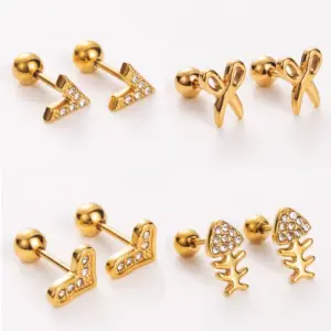 Wholesale PVD Coated Real Gold Plated 14K Gold Heart Shape Mushroom Planet 304 Stainless Steel Simple Style Shiny Waterproof Non Tarnish Ear Studs