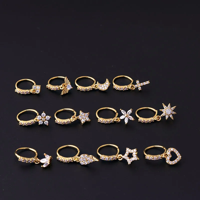 Wholesale New Nose Ornaments Stars Moon Heart Flowers Cross Zircon Copper Jewelry Nose Pin