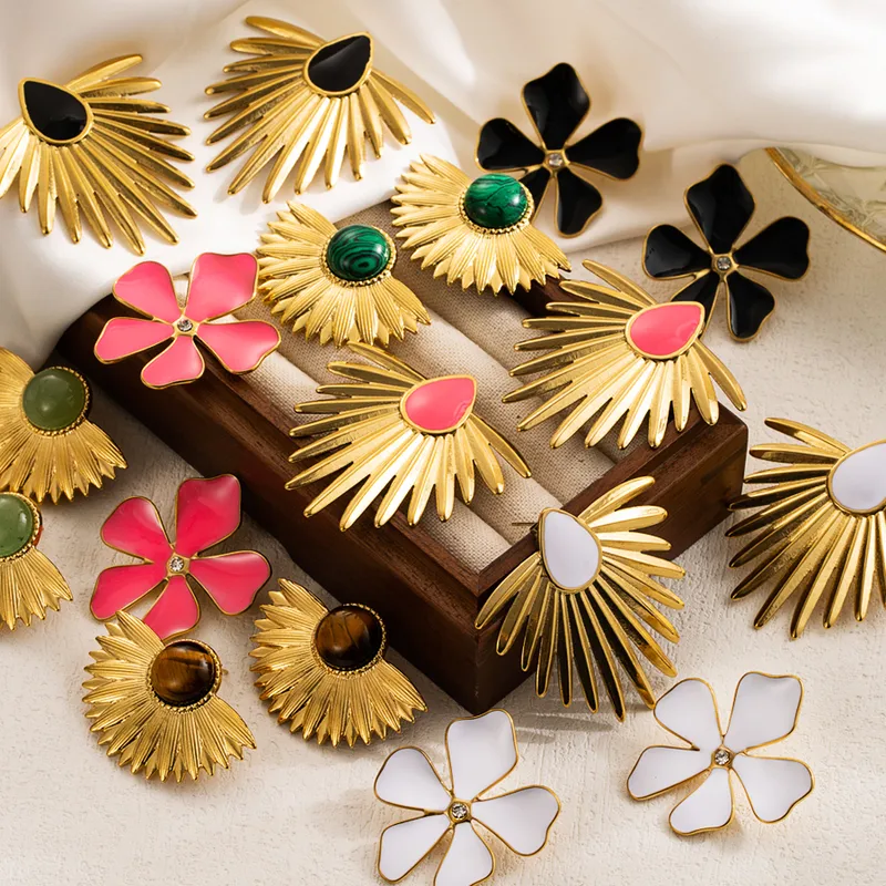 Wholesale 1 Pair IG Style Flower Enamel 304 Stainless Steel 18K Gold Plated Stainless Steel Earrings